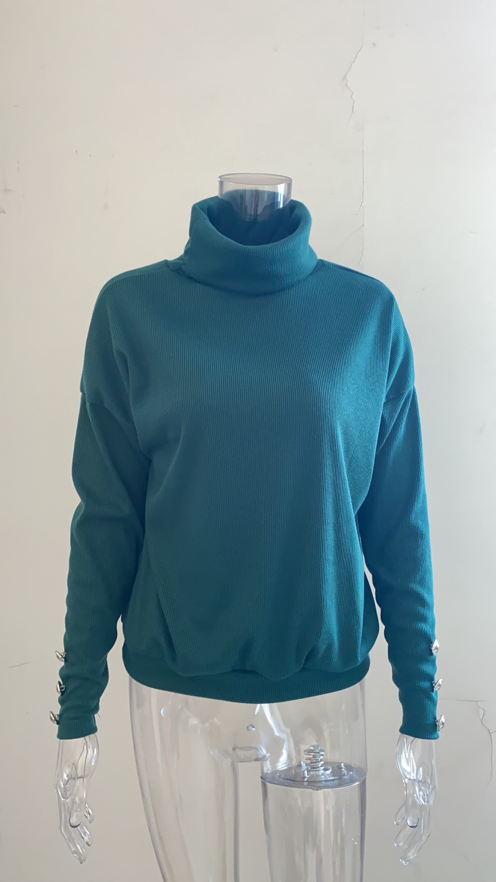 Europe and America Cross Border Autumn and Winter New Striped Turtleneck Cuff Button Sweater Solid Color Casual Loose-Fitting Oversized Sweater Women Europe and America Cross Border Autumn and Winter New Striped Turtleneck Cuff Button Sweater Solid Color Casual Loose-Fitting Oversized Sweater Women