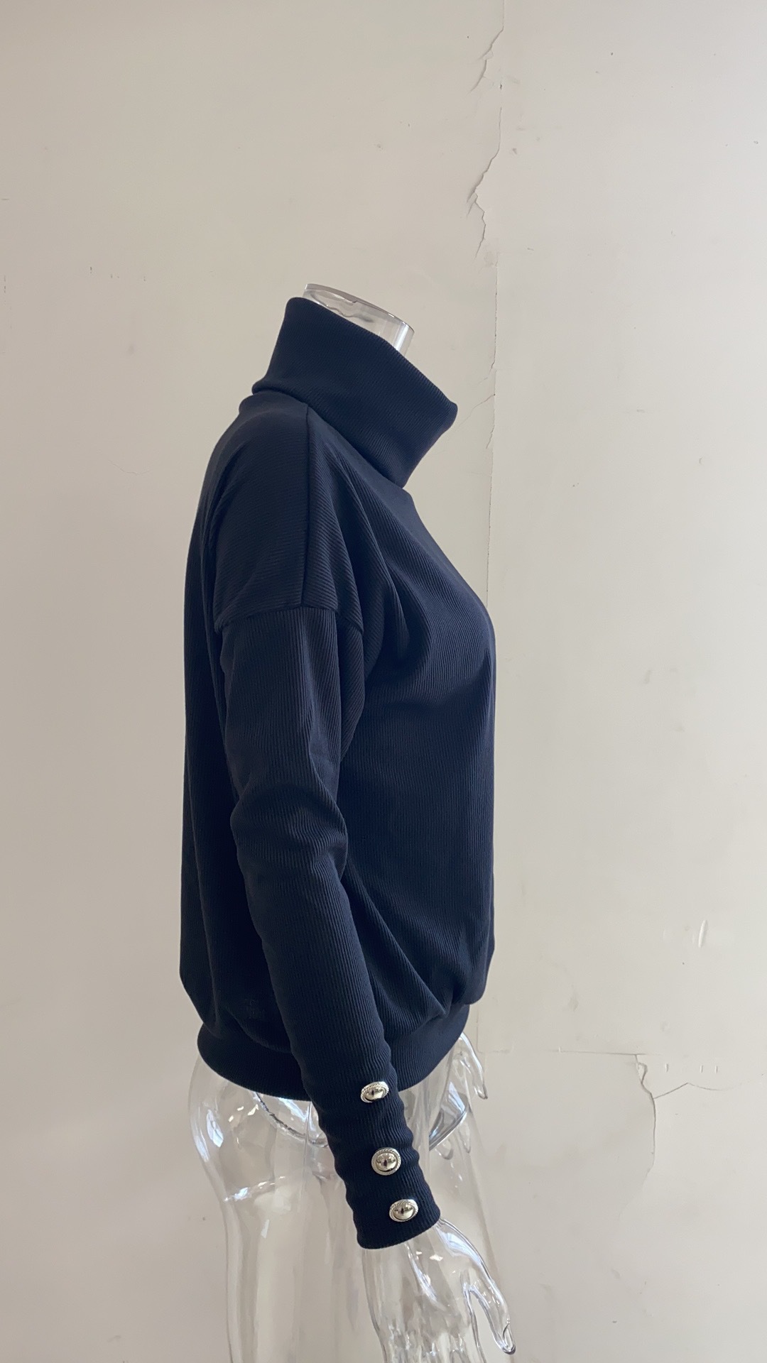Europe and America Cross Border Autumn and Winter New Striped Turtleneck Cuff Button Sweater Solid Color Casual Loose-Fitting Oversized Sweater Women Europe and America Cross Border Autumn and Winter New Striped Turtleneck Cuff Button Sweater Solid Color Casual Loose-Fitting Oversized Sweater Women