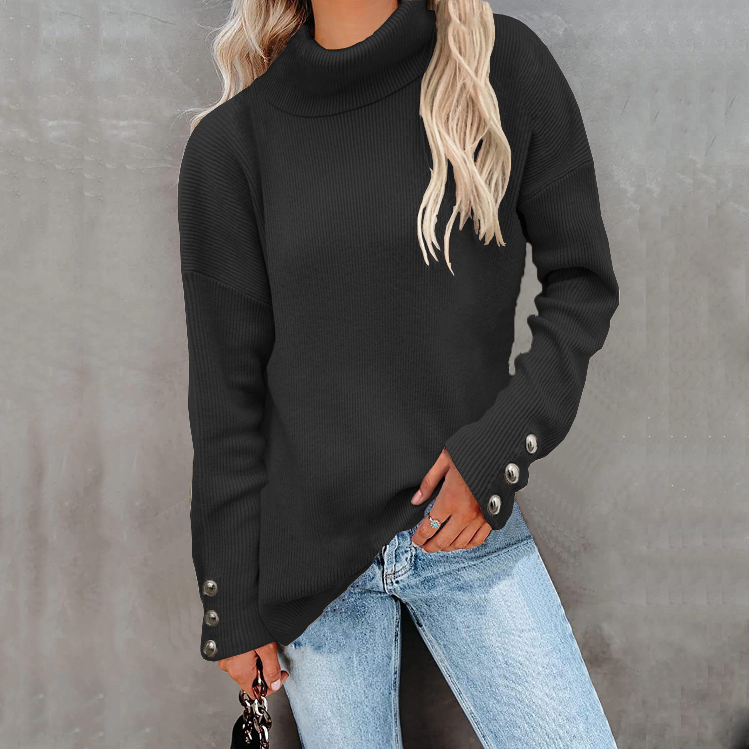 Europe and America Cross Border Autumn and Winter New Striped Turtleneck Cuff Button Sweater Solid Color Casual Loose-Fitting Oversized Sweater Women Europe and America Cross Border Autumn and Winter New Striped Turtleneck Cuff Button Sweater Solid Color Casual Loose-Fitting Oversized Sweater Women