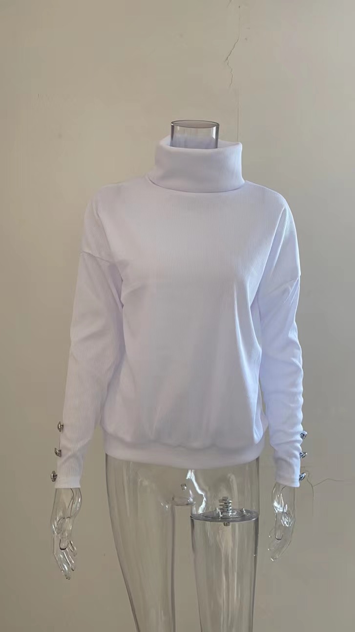 Europe and America Cross Border Autumn and Winter New Striped Turtleneck Cuff Button Sweater Solid Color Casual Loose-Fitting Oversized Sweater Women Europe and America Cross Border Autumn and Winter New Striped Turtleneck Cuff Button Sweater Solid Color Casual Loose-Fitting Oversized Sweater Women
