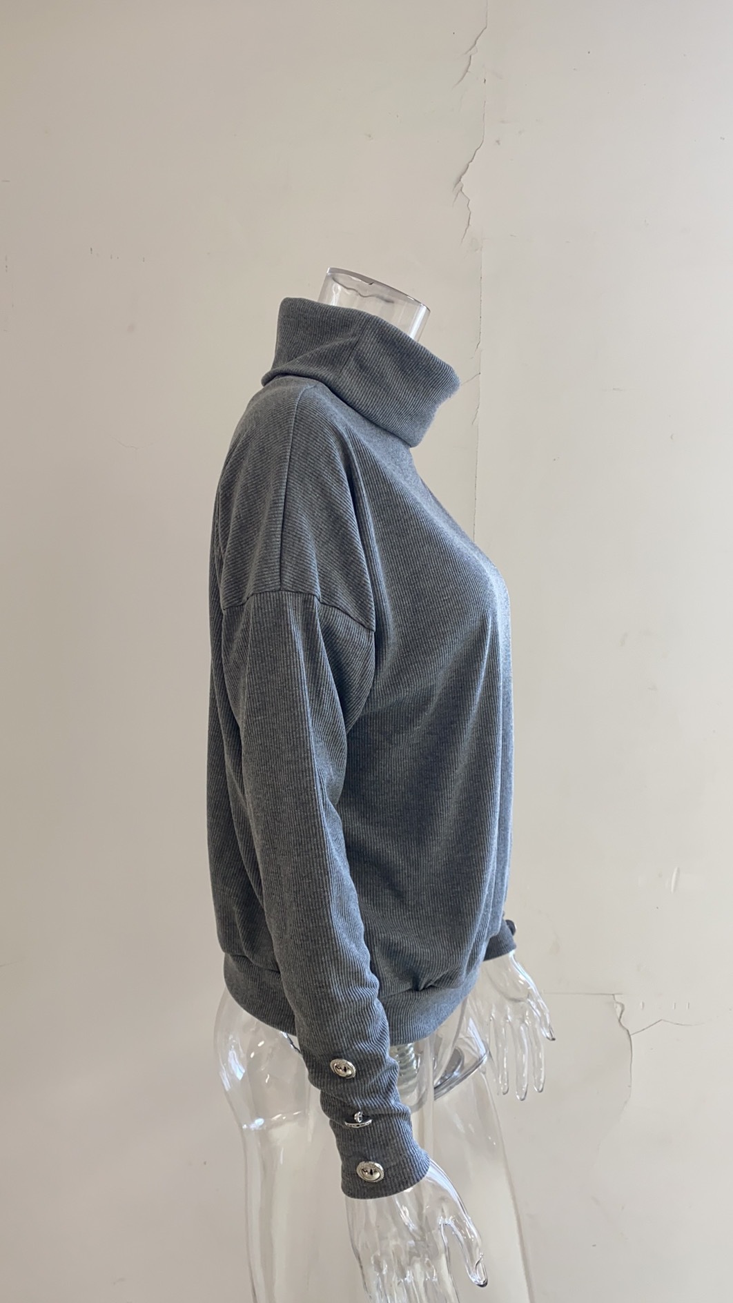 Europe and America Cross Border Autumn and Winter New Striped Turtleneck Cuff Button Sweater Solid Color Casual Loose-Fitting Oversized Sweater Women Europe and America Cross Border Autumn and Winter New Striped Turtleneck Cuff Button Sweater Solid Color Casual Loose-Fitting Oversized Sweater Women