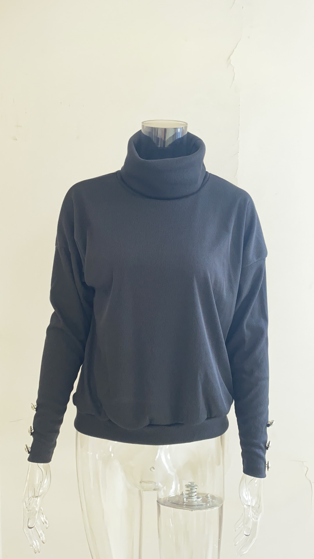 Europe and America Cross Border Autumn and Winter New Striped Turtleneck Cuff Button Sweater Solid Color Casual Loose-Fitting Oversized Sweater Women Europe and America Cross Border Autumn and Winter New Striped Turtleneck Cuff Button Sweater Solid Color Casual Loose-Fitting Oversized Sweater Women