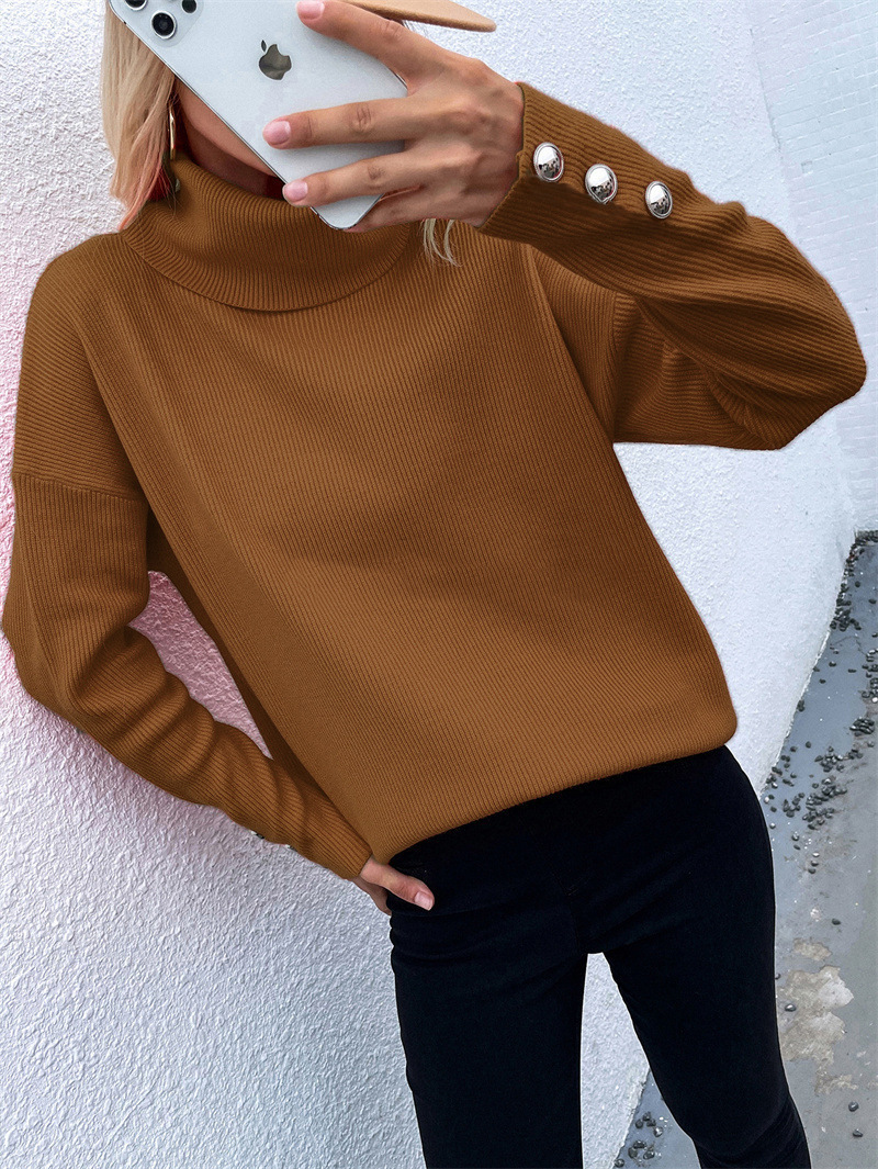 Europe and America Cross Border Autumn and Winter New Striped Turtleneck Cuff Button Sweater Solid Color Casual Loose-Fitting Oversized Sweater Women Europe and America Cross Border Autumn and Winter New Striped Turtleneck Cuff Button Sweater Solid Color Casual Loose-Fitting Oversized Sweater Women