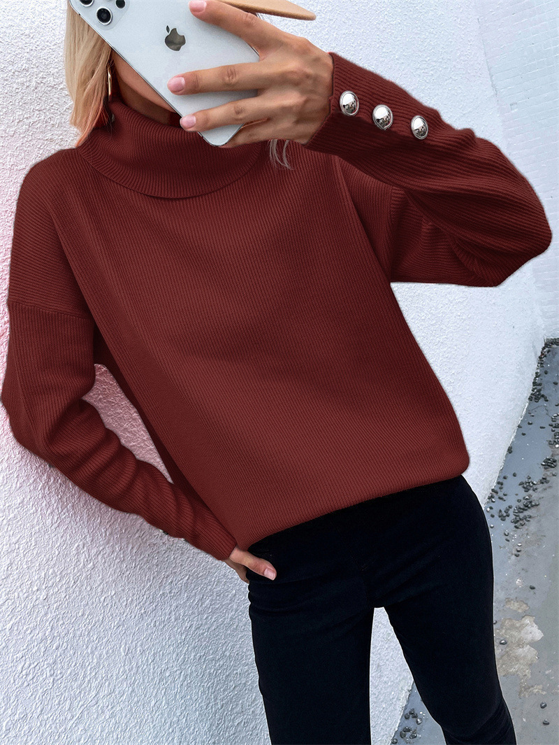 Europe and America Cross Border Autumn and Winter New Striped Turtleneck Cuff Button Sweater Solid Color Casual Loose-Fitting Oversized Sweater Women Europe and America Cross Border Autumn and Winter New Striped Turtleneck Cuff Button Sweater Solid Color Casual Loose-Fitting Oversized Sweater Women