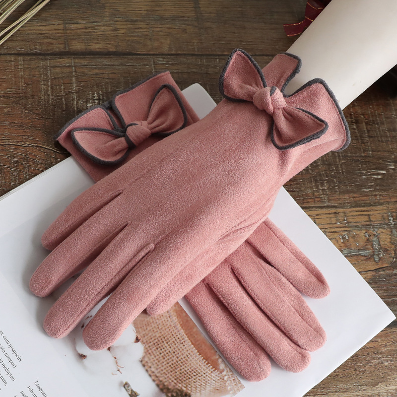 Autumn winter Ladies suede touch screen gloves to outdoor trim hand cuff bowknot elegant thermal gloves