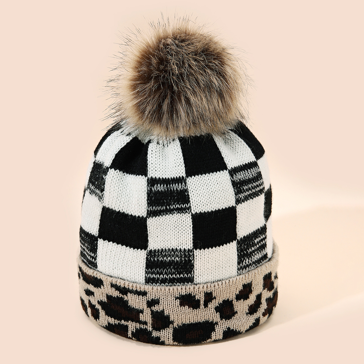 Leopard Print Cuff Beanie Fuzzy Lined Pom Beanie Ladies Leop