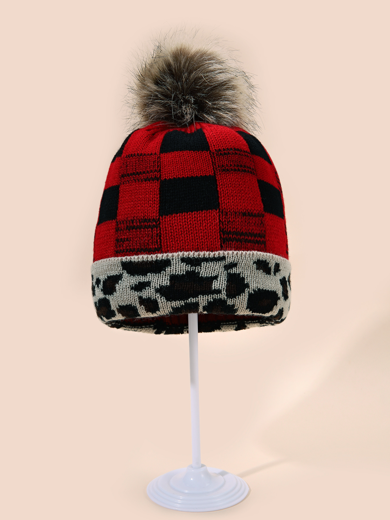 Leopard Print Cuff Beanie Fuzzy Lined Pom Beanie Ladies Leop