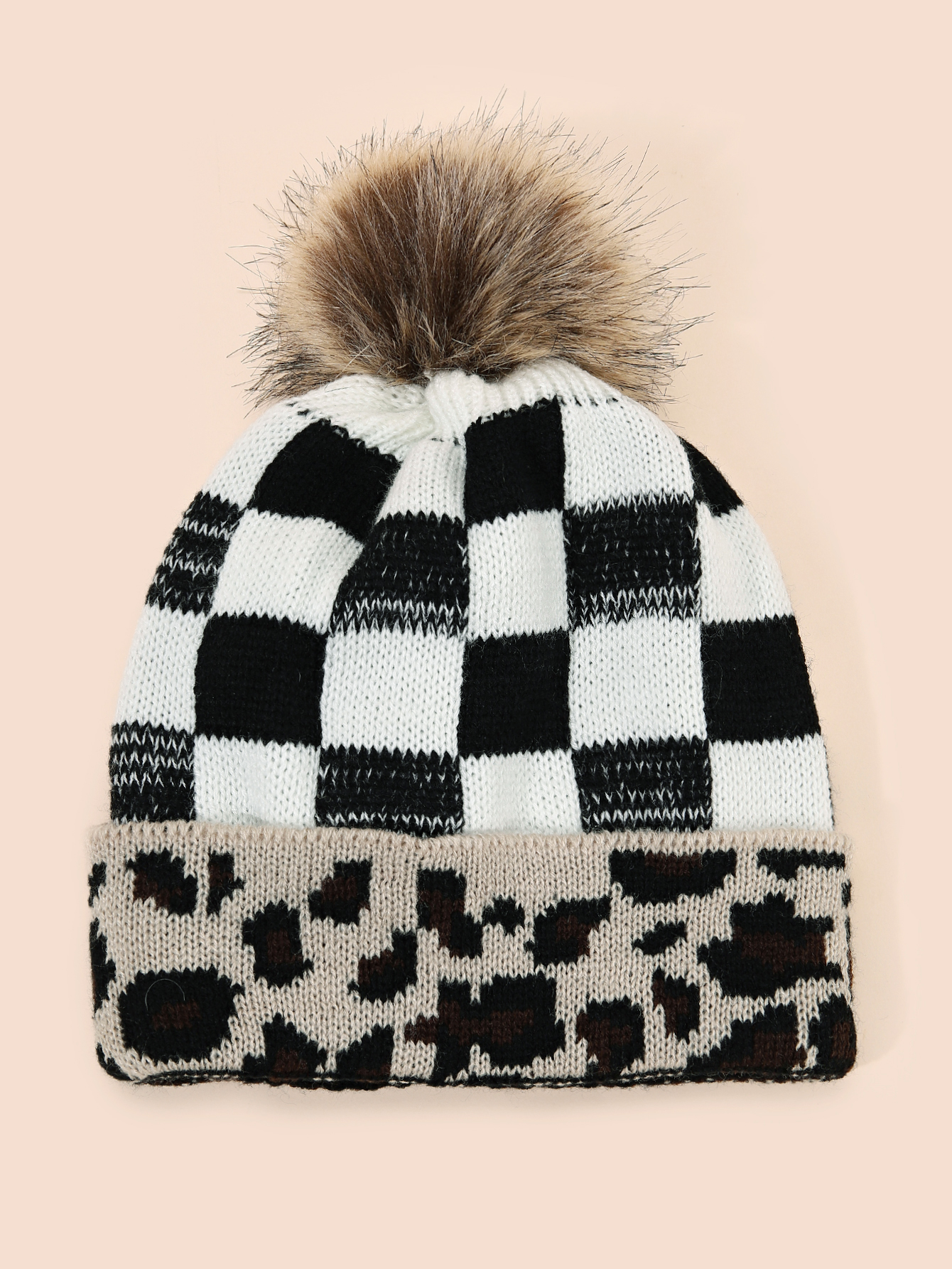 Leopard Print Cuff Beanie Fuzzy Lined Pom Beanie Ladies Leop