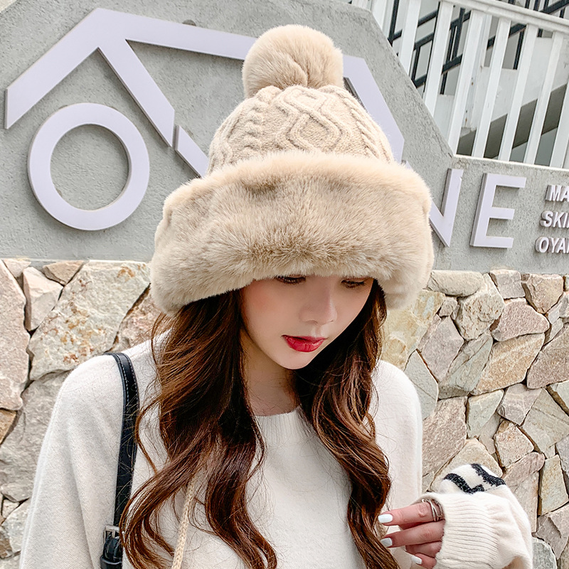 Autumn and Winter Women&#039;s Cotton Cashmere Sleeve Cap Shuttlecock Cute Fleece-Lined Thickened Cold Protection Keep Warm Pure Color Knitted Hat