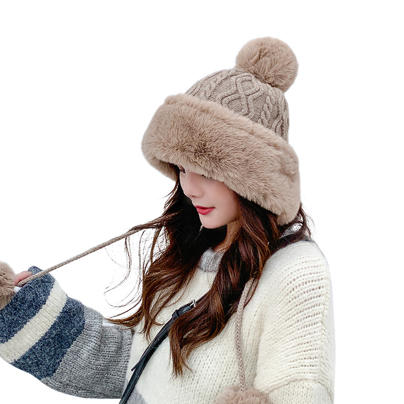 Autumn and Winter Women&#039;s Cotton Cashmere Sleeve Cap Shuttlecock Cute Fleece-Lined Thickened Cold Protection Keep Warm Pure Color Knitted Hat