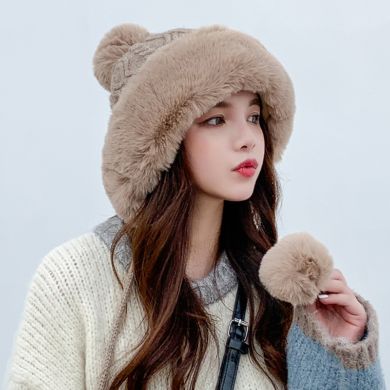 Autumn and Winter Women&#039;s Cotton Cashmere Sleeve Cap Shuttlecock Cute Fleece-Lined Thickened Cold Protection Keep Warm Pure Color Knitted Hat