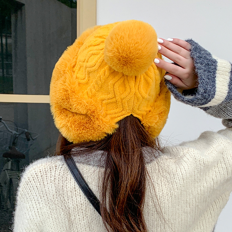 Autumn and Winter Women&#039;s Cotton Cashmere Sleeve Cap Shuttlecock Cute Fleece-Lined Thickened Cold Protection Keep Warm Pure Color Knitted Hat
