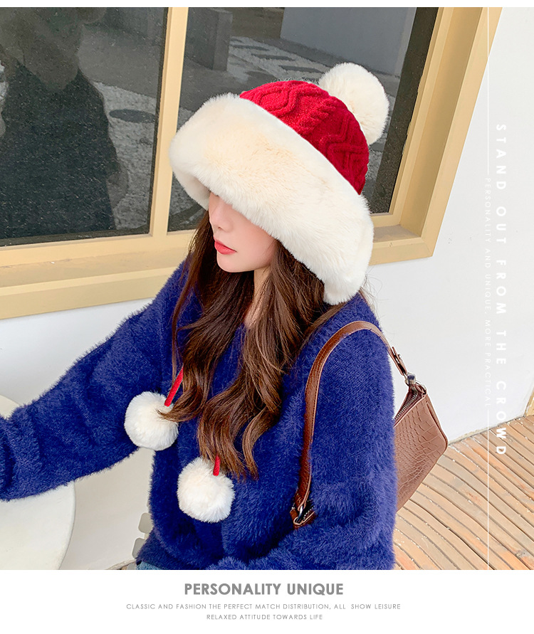 Autumn and Winter Women's Cotton Cashmere Sleeve Cap Shuttlecock Cute Fleece-Lined Thickened Cold Protection Keep Warm Pure Color Knitted Hat