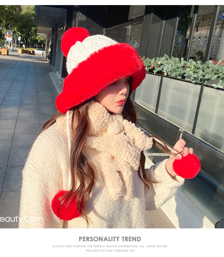 Autumn and Winter Women's Cotton Cashmere Sleeve Cap Shuttlecock Cute Fleece-Lined Thickened Cold Protection Keep Warm Pure Color Knitted Hat