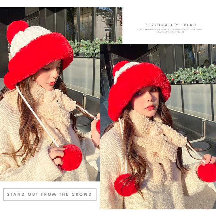 Autumn and Winter Women's Cotton Cashmere Sleeve Cap Shuttlecock Cute Fleece-Lined Thickened Cold Protection Keep Warm Pure Color Knitted Hat