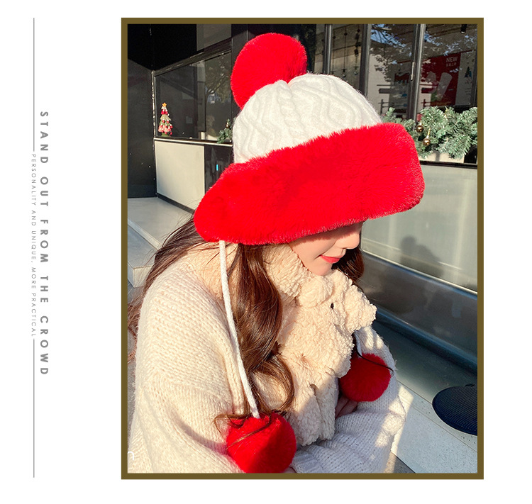 Autumn and Winter Women's Cotton Cashmere Sleeve Cap Shuttlecock Cute Fleece-Lined Thickened Cold Protection Keep Warm Pure Color Knitted Hat