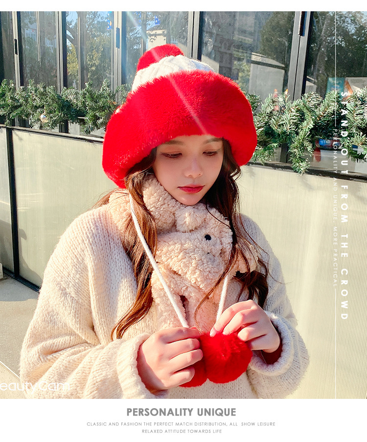 Autumn and Winter Women's Cotton Cashmere Sleeve Cap Shuttlecock Cute Fleece-Lined Thickened Cold Protection Keep Warm Pure Color Knitted Hat