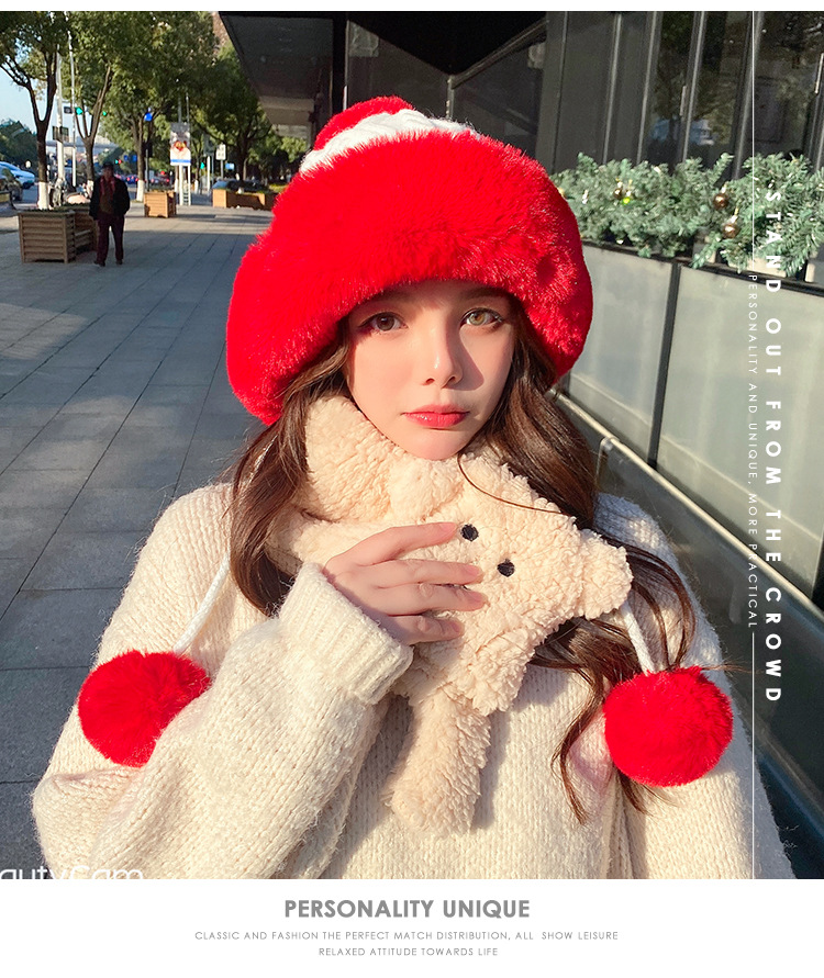 Autumn and Winter Women's Cotton Cashmere Sleeve Cap Shuttlecock Cute Fleece-Lined Thickened Cold Protection Keep Warm Pure Color Knitted Hat