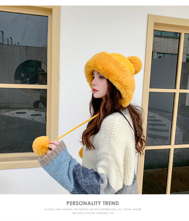 Autumn and Winter Women's Cotton Cashmere Sleeve Cap Shuttlecock Cute Fleece-Lined Thickened Cold Protection Keep Warm Pure Color Knitted Hat