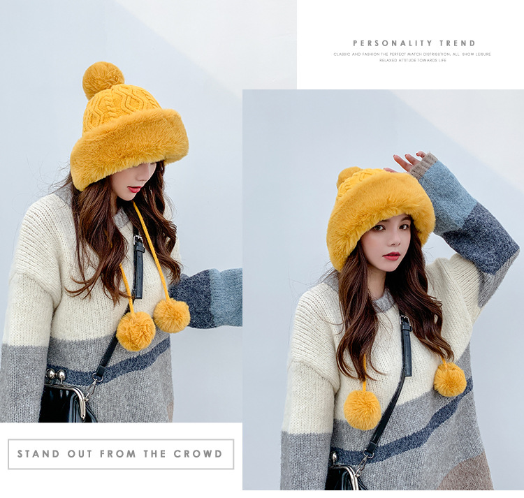 Autumn and Winter Women's Cotton Cashmere Sleeve Cap Shuttlecock Cute Fleece-Lined Thickened Cold Protection Keep Warm Pure Color Knitted Hat