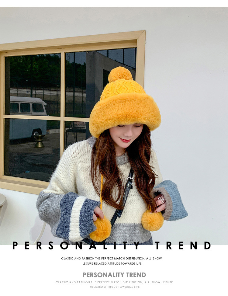 Autumn and Winter Women's Cotton Cashmere Sleeve Cap Shuttlecock Cute Fleece-Lined Thickened Cold Protection Keep Warm Pure Color Knitted Hat