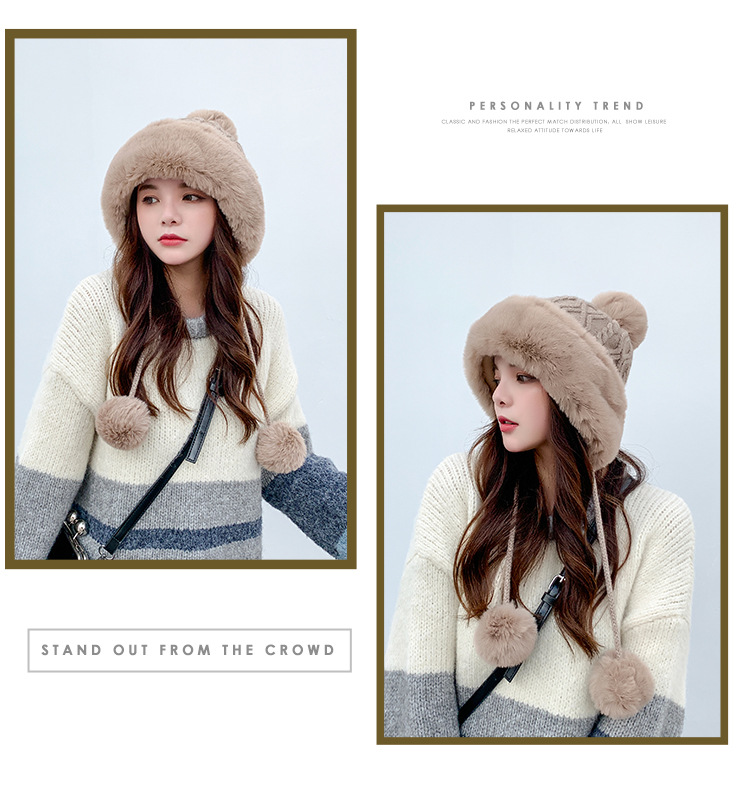 Autumn and Winter Women's Cotton Cashmere Sleeve Cap Shuttlecock Cute Fleece-Lined Thickened Cold Protection Keep Warm Pure Color Knitted Hat