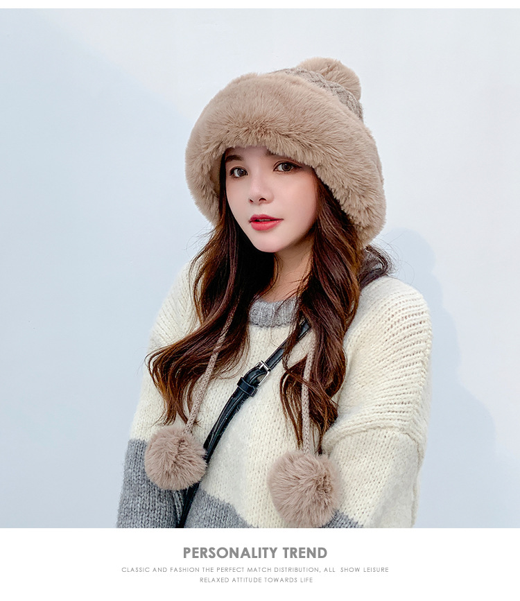 Autumn and Winter Women's Cotton Cashmere Sleeve Cap Shuttlecock Cute Fleece-Lined Thickened Cold Protection Keep Warm Pure Color Knitted Hat