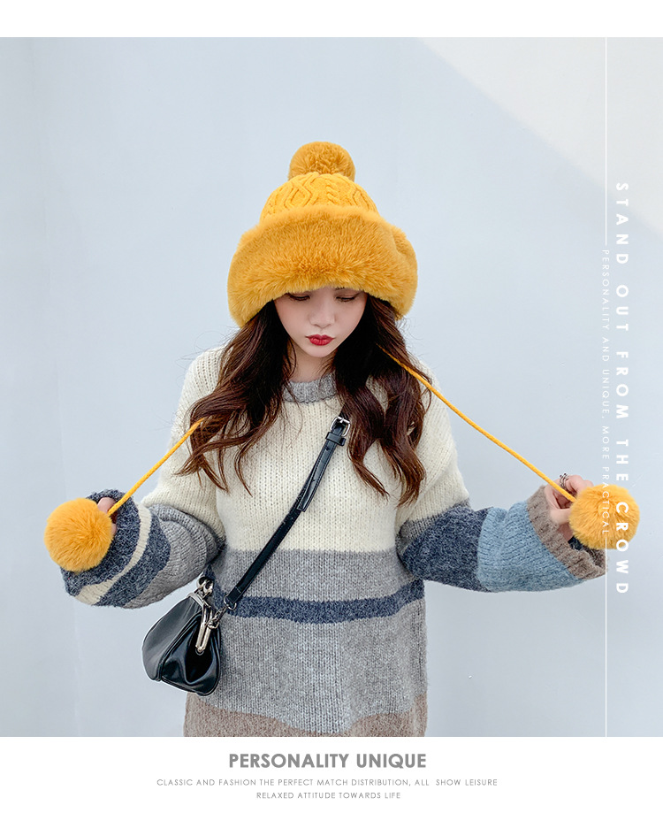 Autumn and Winter Women's Cotton Cashmere Sleeve Cap Shuttlecock Cute Fleece-Lined Thickened Cold Protection Keep Warm Pure Color Knitted Hat