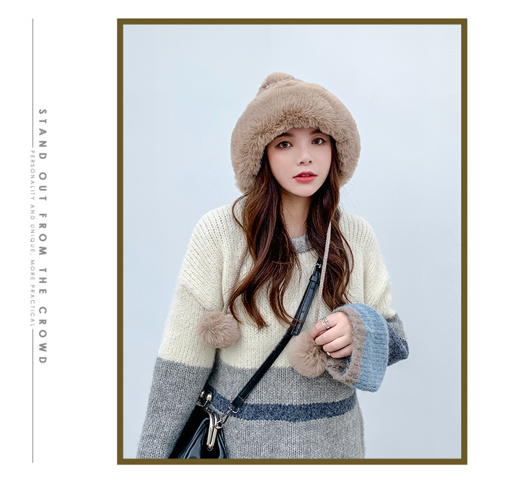 Autumn and Winter Women's Cotton Cashmere Sleeve Cap Shuttlecock Cute Fleece-Lined Thickened Cold Protection Keep Warm Pure Color Knitted Hat