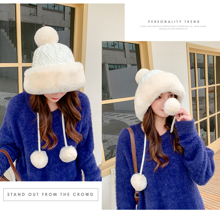 Autumn and Winter Women's Cotton Cashmere Sleeve Cap Shuttlecock Cute Fleece-Lined Thickened Cold Protection Keep Warm Pure Color Knitted Hat