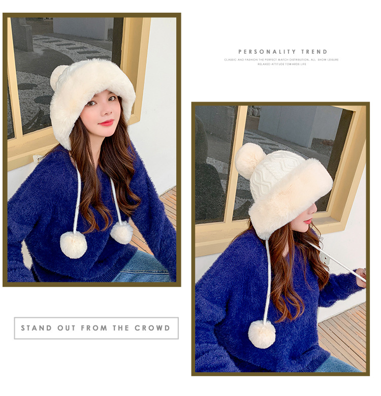 Autumn and Winter Women's Cotton Cashmere Sleeve Cap Shuttlecock Cute Fleece-Lined Thickened Cold Protection Keep Warm Pure Color Knitted Hat