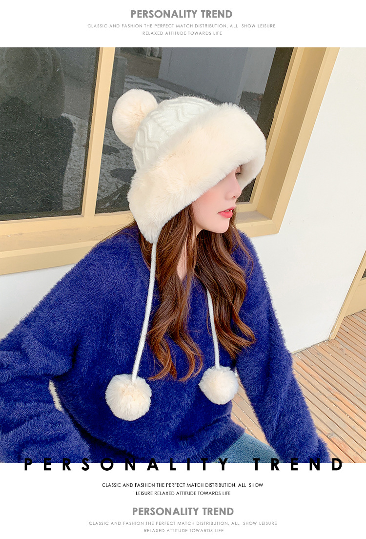 Autumn and Winter Women's Cotton Cashmere Sleeve Cap Shuttlecock Cute Fleece-Lined Thickened Cold Protection Keep Warm Pure Color Knitted Hat