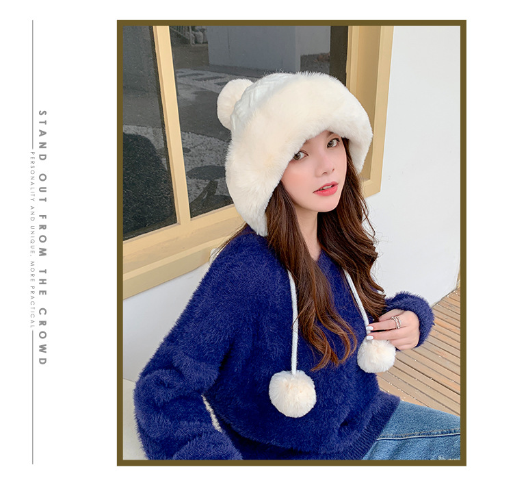 Autumn and Winter Women's Cotton Cashmere Sleeve Cap Shuttlecock Cute Fleece-Lined Thickened Cold Protection Keep Warm Pure Color Knitted Hat