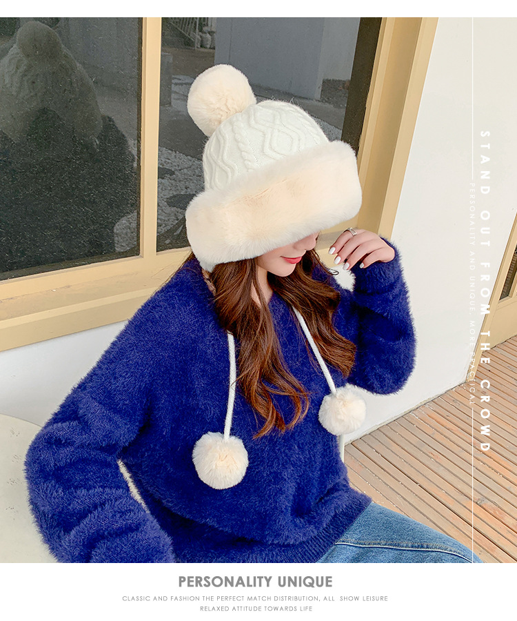 Autumn and Winter Women's Cotton Cashmere Sleeve Cap Shuttlecock Cute Fleece-Lined Thickened Cold Protection Keep Warm Pure Color Knitted Hat