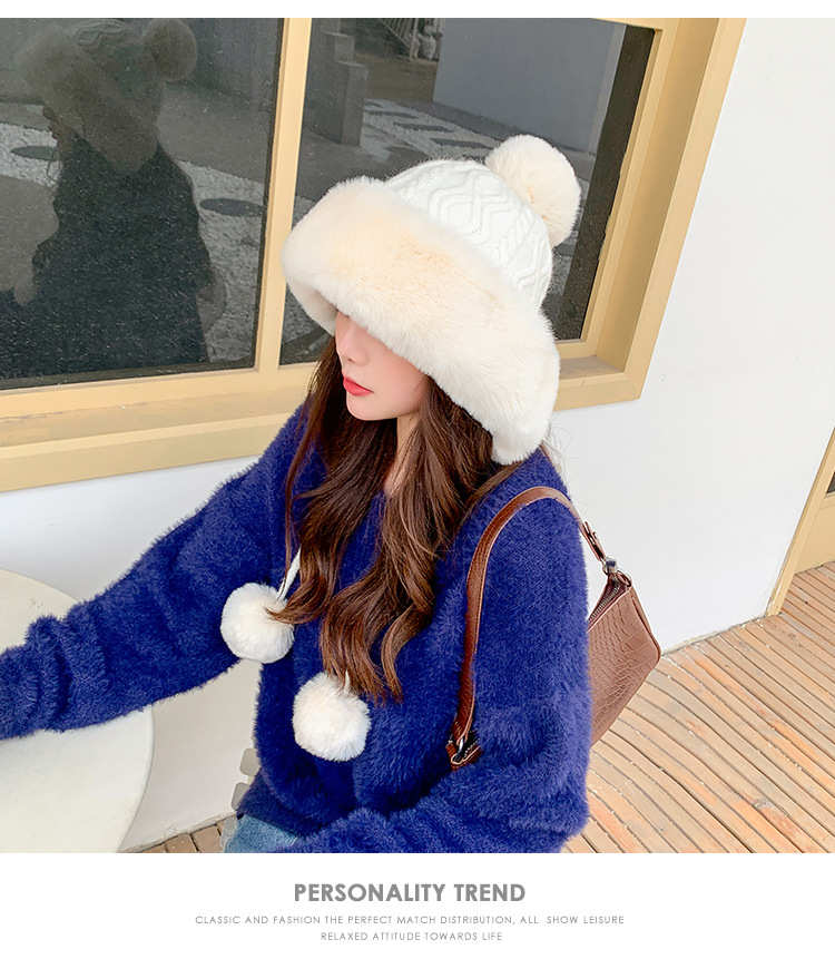 Autumn and Winter Women's Cotton Cashmere Sleeve Cap Shuttlecock Cute Fleece-Lined Thickened Cold Protection Keep Warm Pure Color Knitted Hat