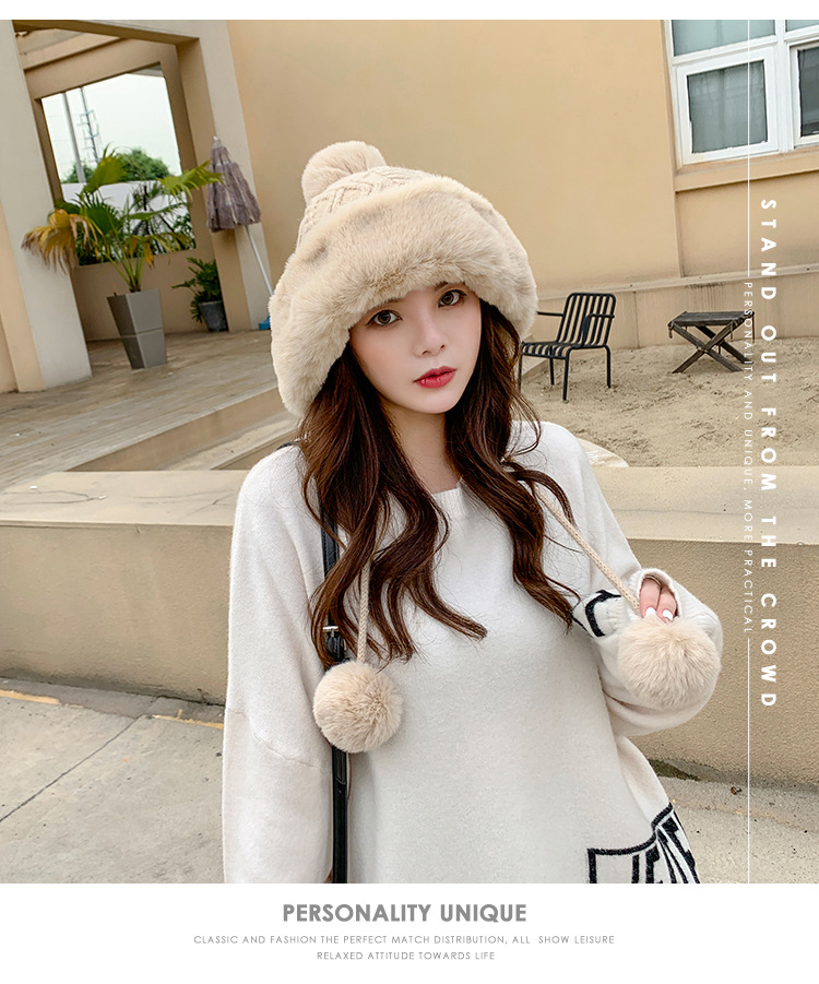 Autumn and Winter Women's Cotton Cashmere Sleeve Cap Shuttlecock Cute Fleece-Lined Thickened Cold Protection Keep Warm Pure Color Knitted Hat