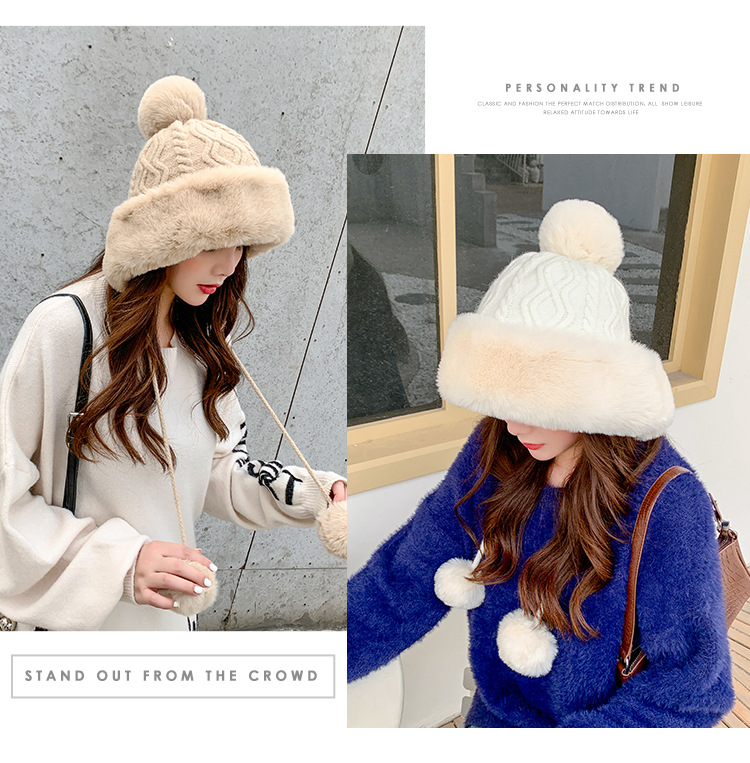 Autumn and Winter Women's Cotton Cashmere Sleeve Cap Shuttlecock Cute Fleece-Lined Thickened Cold Protection Keep Warm Pure Color Knitted Hat