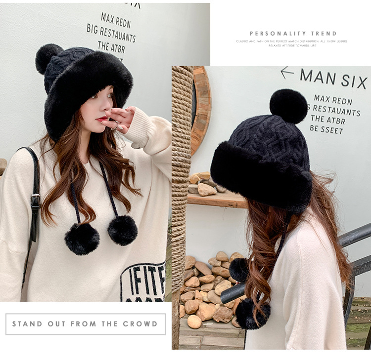 Autumn and Winter Women's Cotton Cashmere Sleeve Cap Shuttlecock Cute Fleece-Lined Thickened Cold Protection Keep Warm Pure Color Knitted Hat