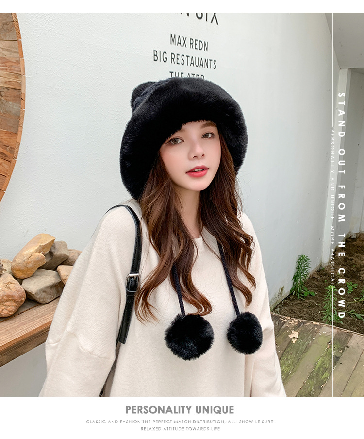 Autumn and Winter Women's Cotton Cashmere Sleeve Cap Shuttlecock Cute Fleece-Lined Thickened Cold Protection Keep Warm Pure Color Knitted Hat