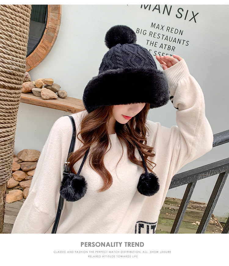 Autumn and Winter Women's Cotton Cashmere Sleeve Cap Shuttlecock Cute Fleece-Lined Thickened Cold Protection Keep Warm Pure Color Knitted Hat