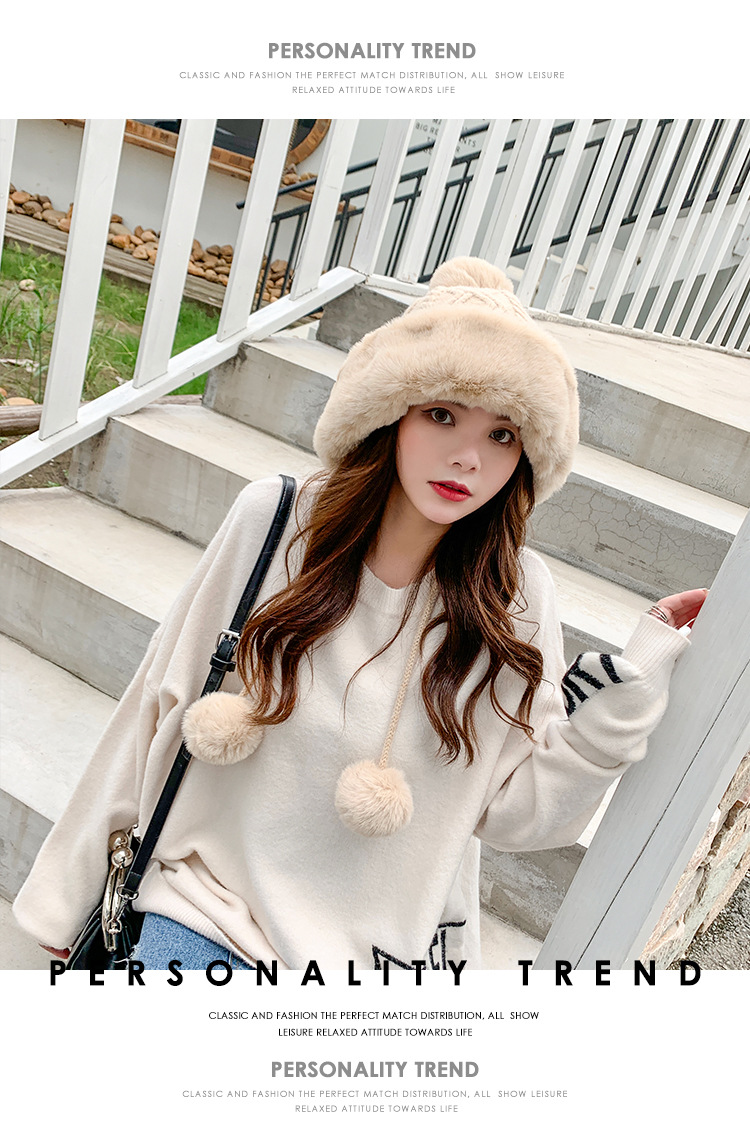 Autumn and Winter Women's Cotton Cashmere Sleeve Cap Shuttlecock Cute Fleece-Lined Thickened Cold Protection Keep Warm Pure Color Knitted Hat