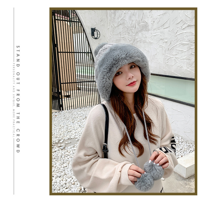 Autumn and Winter Women's Cotton Cashmere Sleeve Cap Shuttlecock Cute Fleece-Lined Thickened Cold Protection Keep Warm Pure Color Knitted Hat