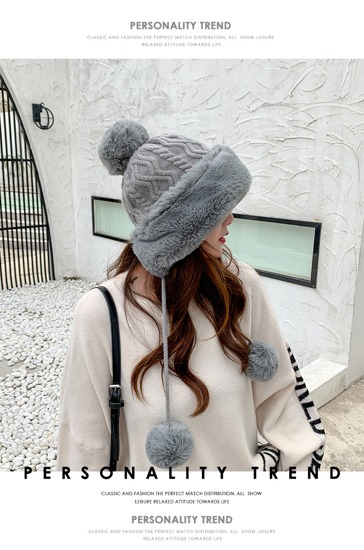 Autumn and Winter Women's Cotton Cashmere Sleeve Cap Shuttlecock Cute Fleece-Lined Thickened Cold Protection Keep Warm Pure Color Knitted Hat