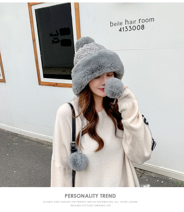 Autumn and Winter Women's Cotton Cashmere Sleeve Cap Shuttlecock Cute Fleece-Lined Thickened Cold Protection Keep Warm Pure Color Knitted Hat