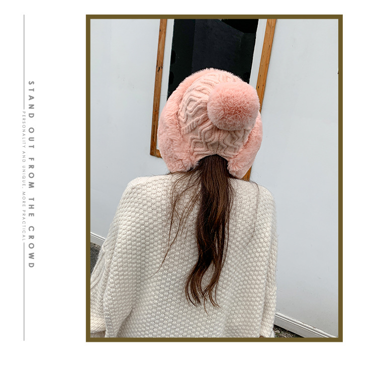 Autumn and Winter Women's Cotton Cashmere Sleeve Cap Shuttlecock Cute Fleece-Lined Thickened Cold Protection Keep Warm Pure Color Knitted Hat