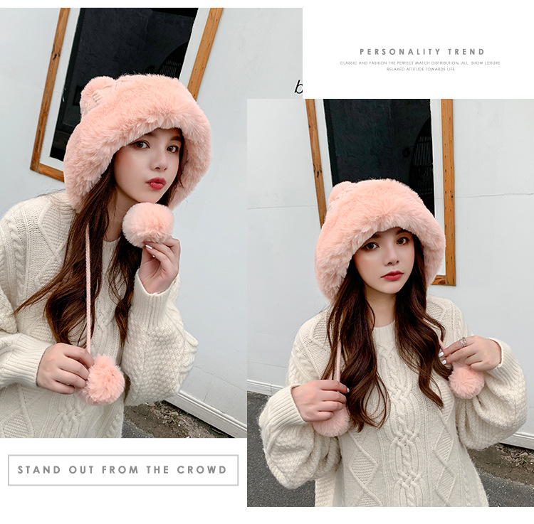 Autumn and Winter Women's Cotton Cashmere Sleeve Cap Shuttlecock Cute Fleece-Lined Thickened Cold Protection Keep Warm Pure Color Knitted Hat