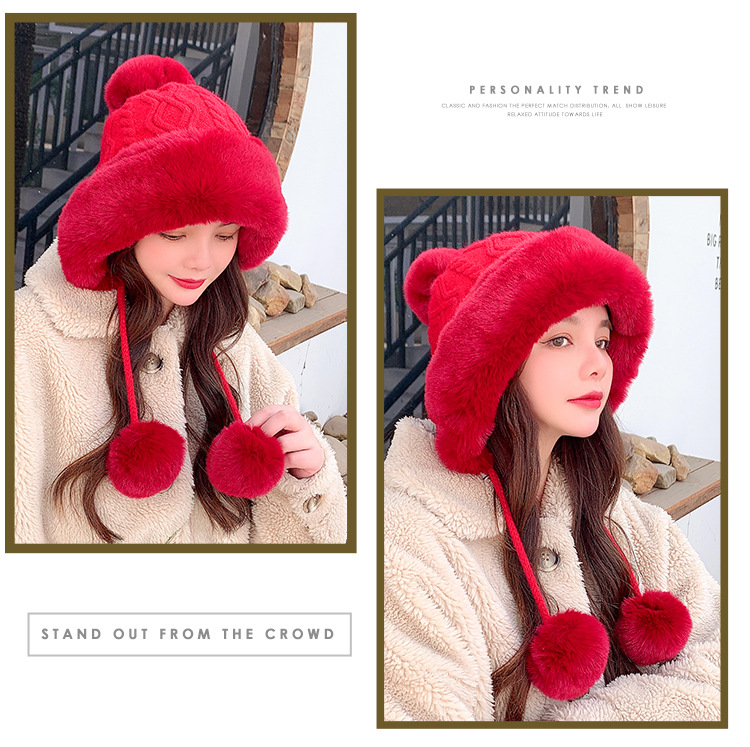 Autumn and Winter Women's Cotton Cashmere Sleeve Cap Shuttlecock Cute Fleece-Lined Thickened Cold Protection Keep Warm Pure Color Knitted Hat