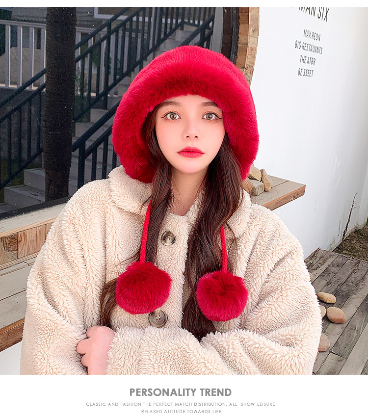 Autumn and Winter Women's Cotton Cashmere Sleeve Cap Shuttlecock Cute Fleece-Lined Thickened Cold Protection Keep Warm Pure Color Knitted Hat