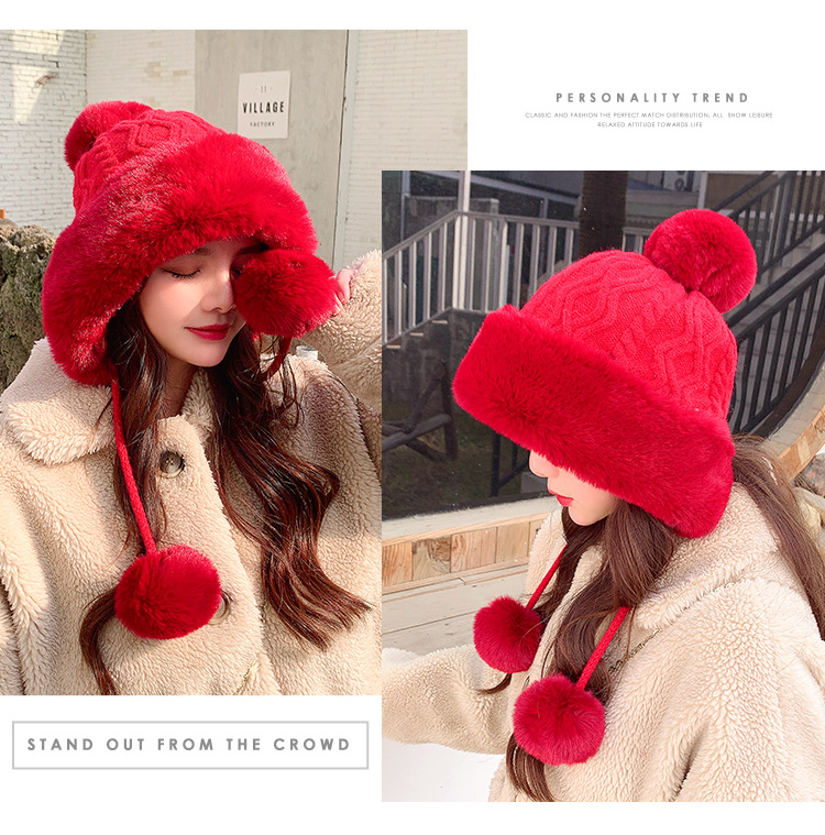 Autumn and Winter Women's Cotton Cashmere Sleeve Cap Shuttlecock Cute Fleece-Lined Thickened Cold Protection Keep Warm Pure Color Knitted Hat