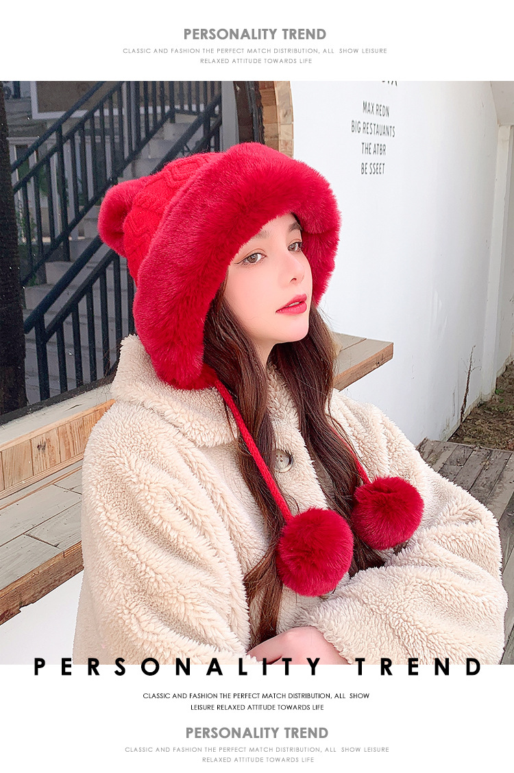 Autumn and Winter Women's Cotton Cashmere Sleeve Cap Shuttlecock Cute Fleece-Lined Thickened Cold Protection Keep Warm Pure Color Knitted Hat